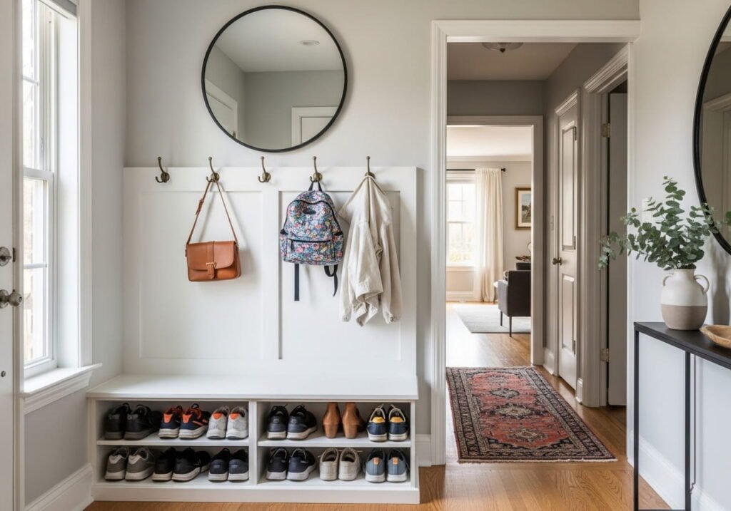 Clean organized entryway with hooks and shoe storage after decluttering