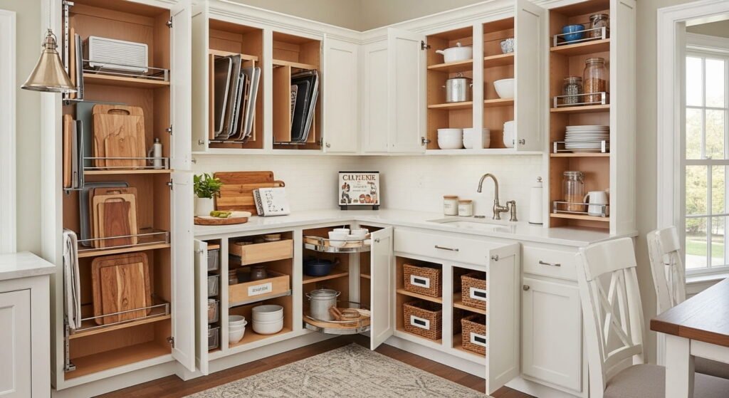 A perfectly organized kitchen cabinet setup with pull-out drawers, vertical storage, labeled containers, and neatly arranged cookware designed for easy daily use.