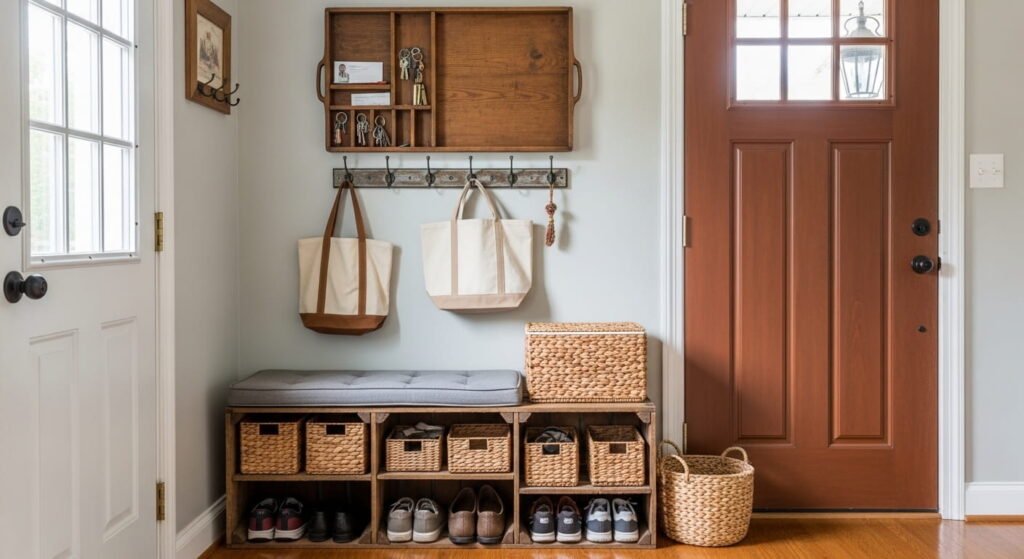 Organized entryway and living room using repurposed baskets, trays, and household items for storage.