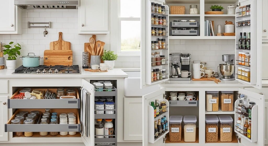 Small kitchen organized into functional cooking, pantry, and snack zones.