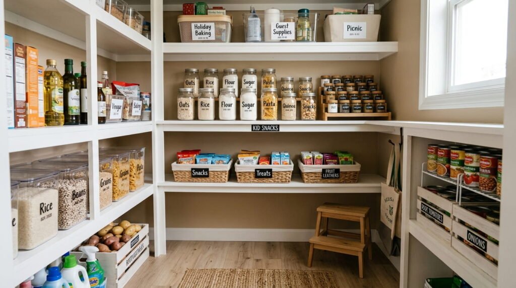 Fully organized pantry on a budget with labeled categories, kid snack zone, clear containers, and efficient food storage.