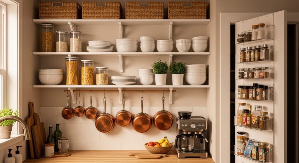 Organized small kitchen with creative storage and clutter-free counters.