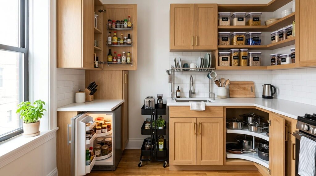 Fully organized small kitchen using space saving hacks with clear counters, vertical storage, and efficient cabinets.