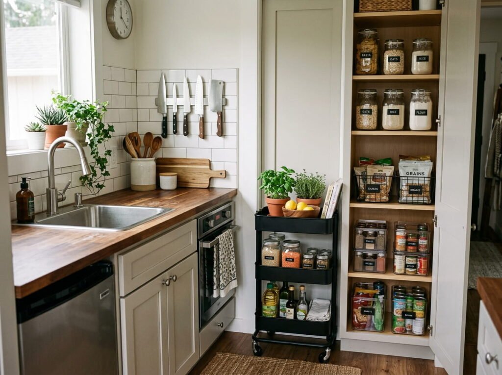 Organized small kitchen with magnetic knife strip, rolling cart, and pantry organizers