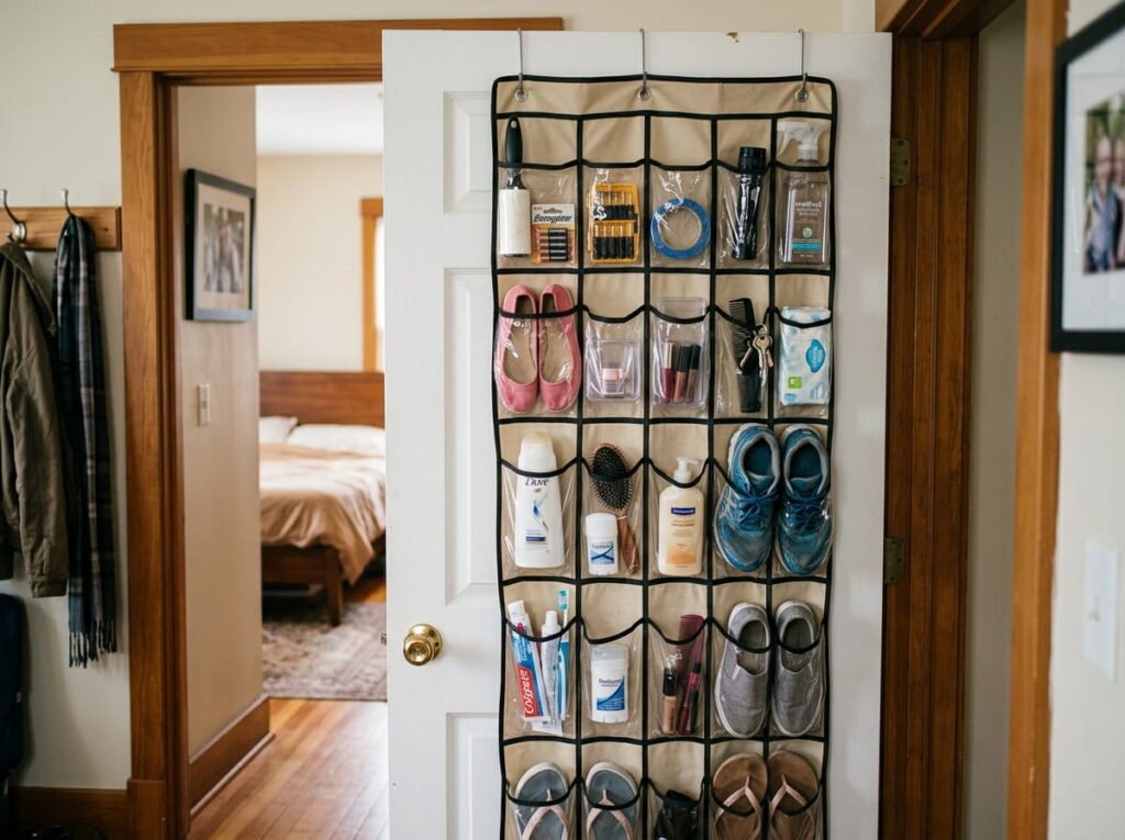 Over-the-door organizer storing shoes, toiletries, and small household items