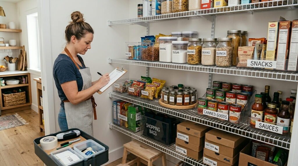 Affordable pantry organization system using clear bins, mason jars, labels, and categorized food storage shelves.