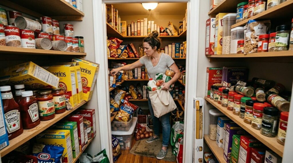 Cluttered pantry with expired food, duplicate grocery items, overflowing shelves, and disorganized snack storage.
