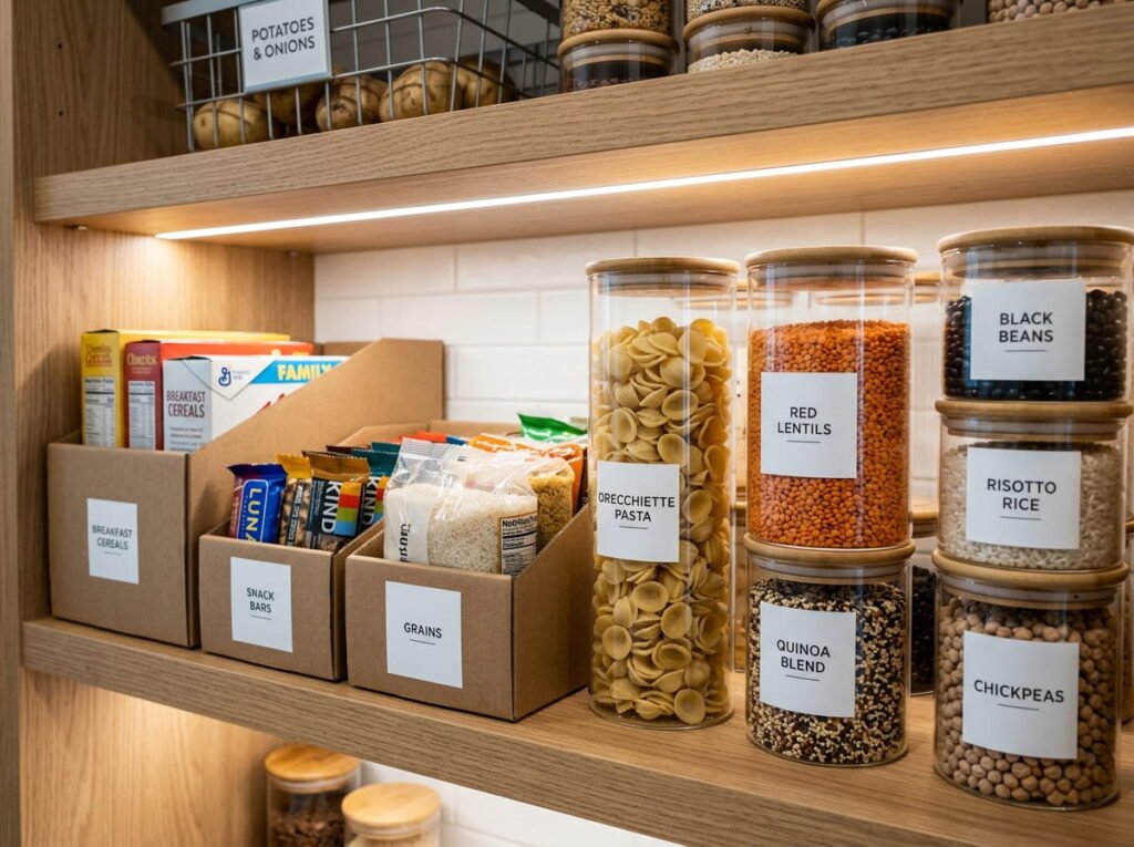 Organized kitchen pantry shelves featuring a mix of clear glass food canisters and budget-friendly repurposed shoebox drawer dividers with minimalist labels.