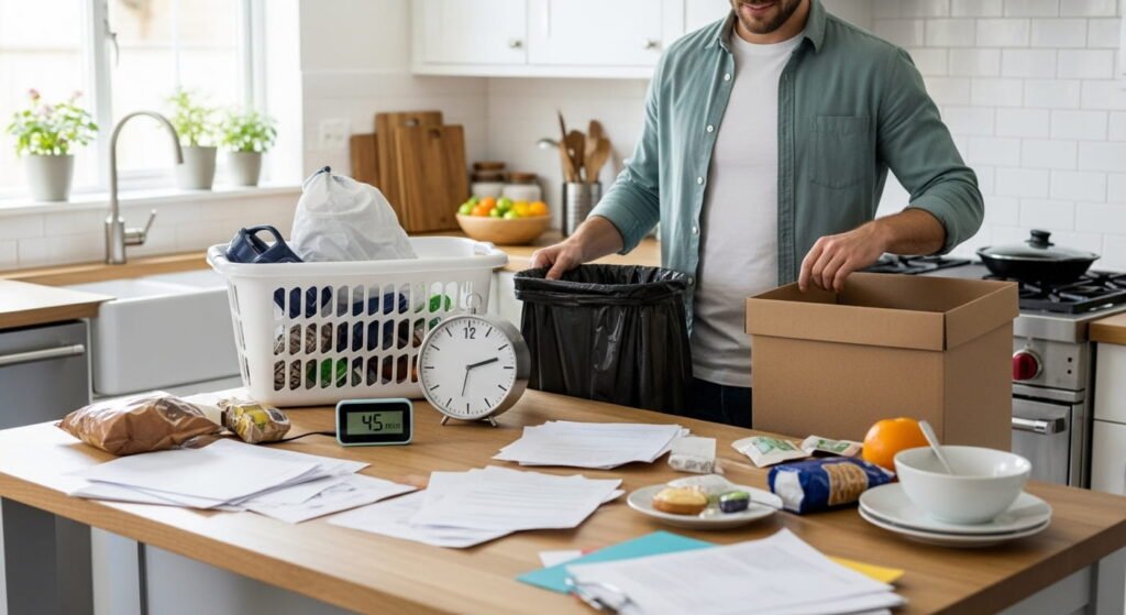Parent preparing to declutter a kitchen fast using a 45-minute method with trash bag, donation box, and timer.