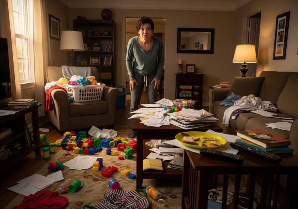 Overwhelmed parent standing in a cluttered living room filled with household mess and overflowing surfaces