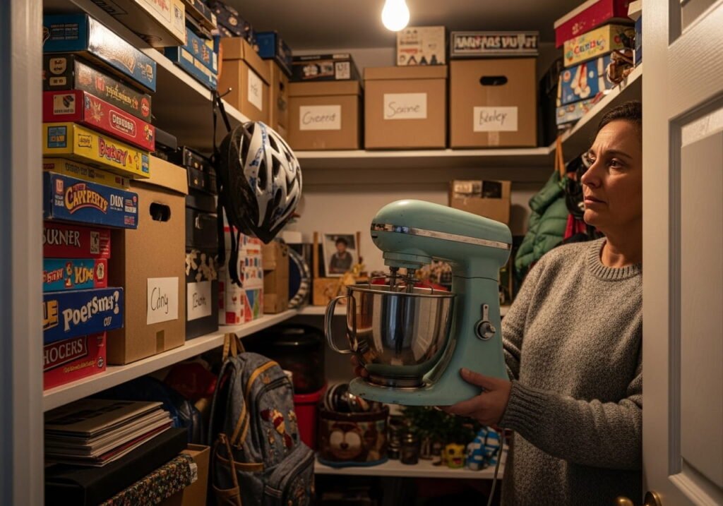Person holding unused kitchen appliance while deciding whether to keep or donate it during decluttering