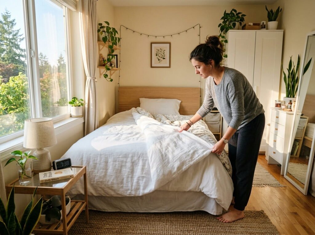 Person making bed in a small organized bedroom during morning sunlight