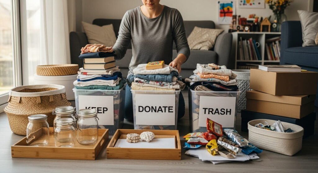Person decluttering household items before organizing with reused baskets, trays, and shoeboxes.
