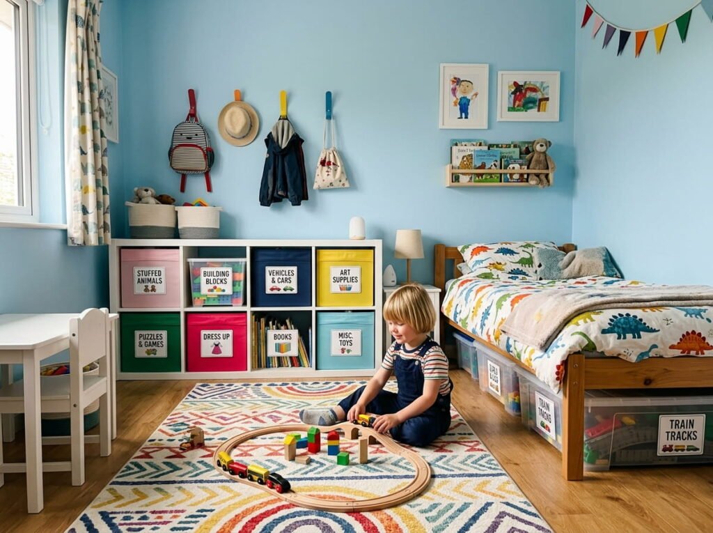 Organized small kids bedroom with labeled bins, wall hooks, and open floor space