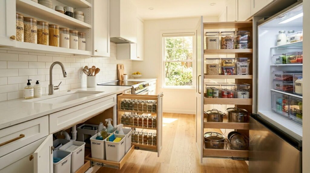 A fully organized small kitchen with clean countertops, neatly arranged cabinets, pantry bins, spice racks, and efficient storage maximizing every space.