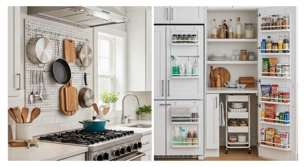 Creative kitchen storage solutions using walls, doors, and unused spaces.