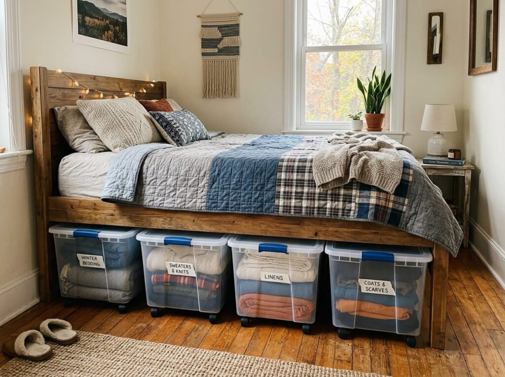Rolling under-bed storage containers holding clothes and extra bedding in a small bedroom