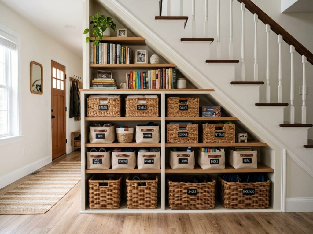 Under-stair storage shelves and baskets maximizing unused household space
