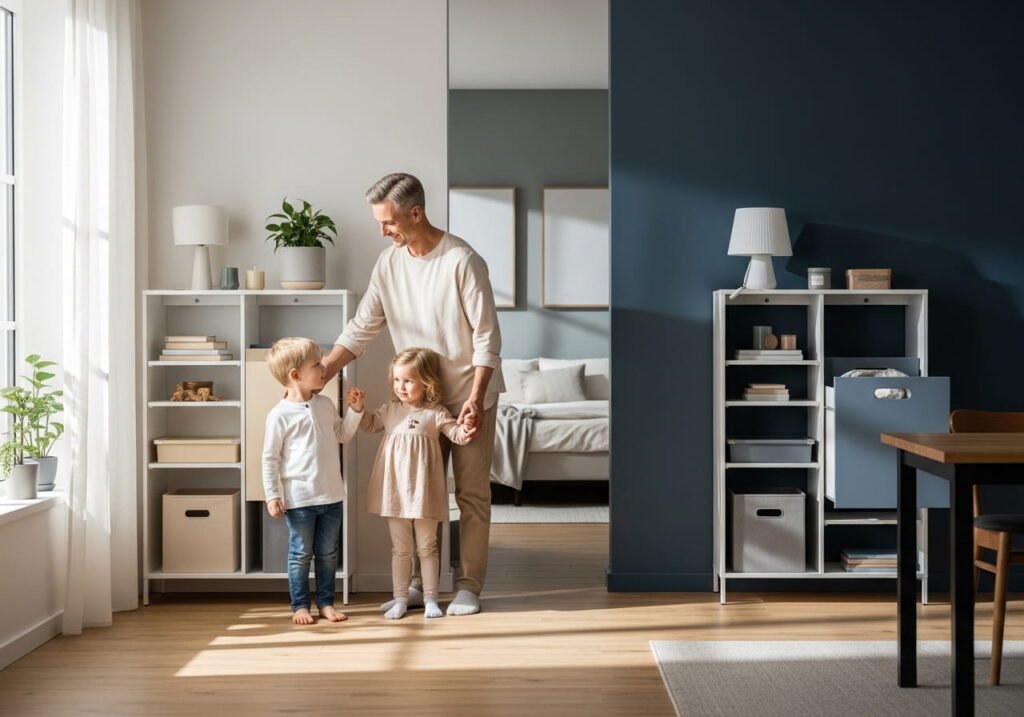Family struggling with clutter in a small rental apartment before organizing with smart storage solutions