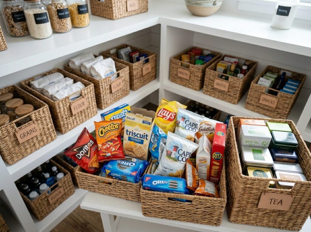 A picture-perfect all-white pantry with neatly labeled containers on the outside, but chaotic snack items crammed inside, showing the gap between aesthetic organizing and functional organizing.