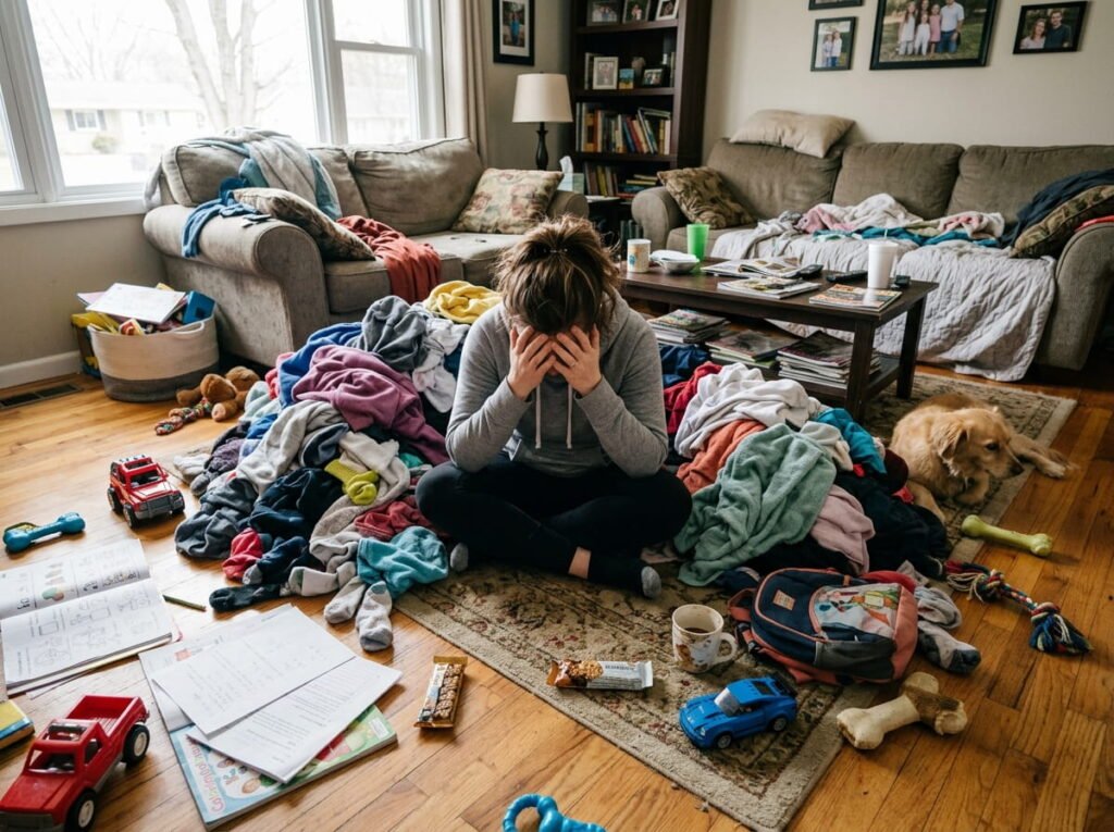 Stressed mother sitting cross-legged on a living room floor covered in a massive pile of unfolded laundry, scattered toys, and papers, illustrating family home overwhelm.