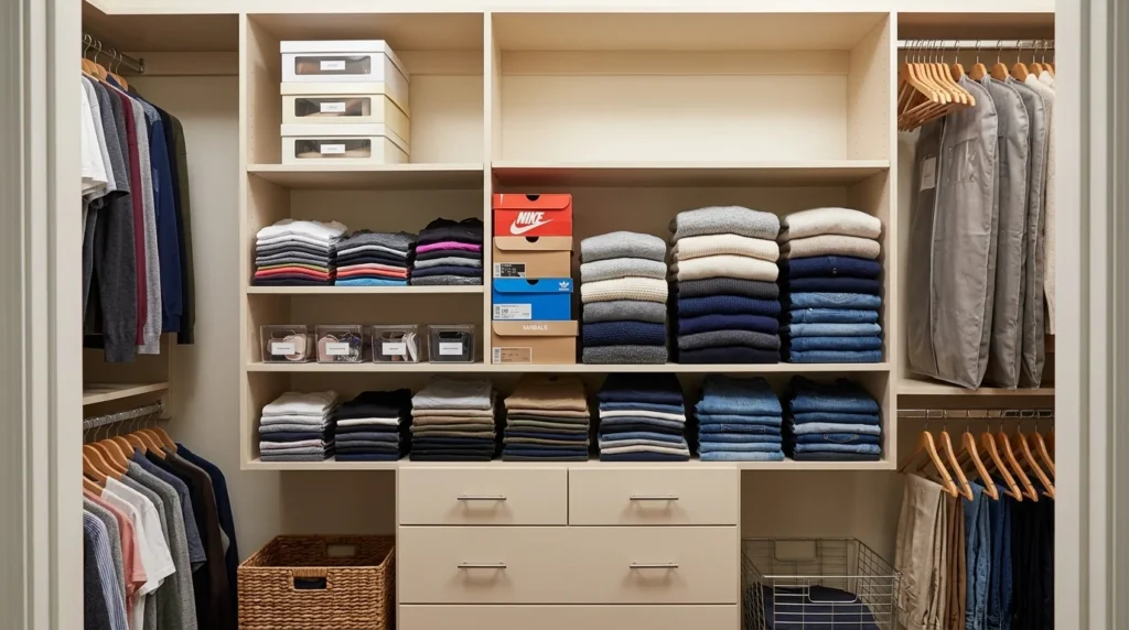 Bedroom closet organized with shoeboxes and folded clothing.