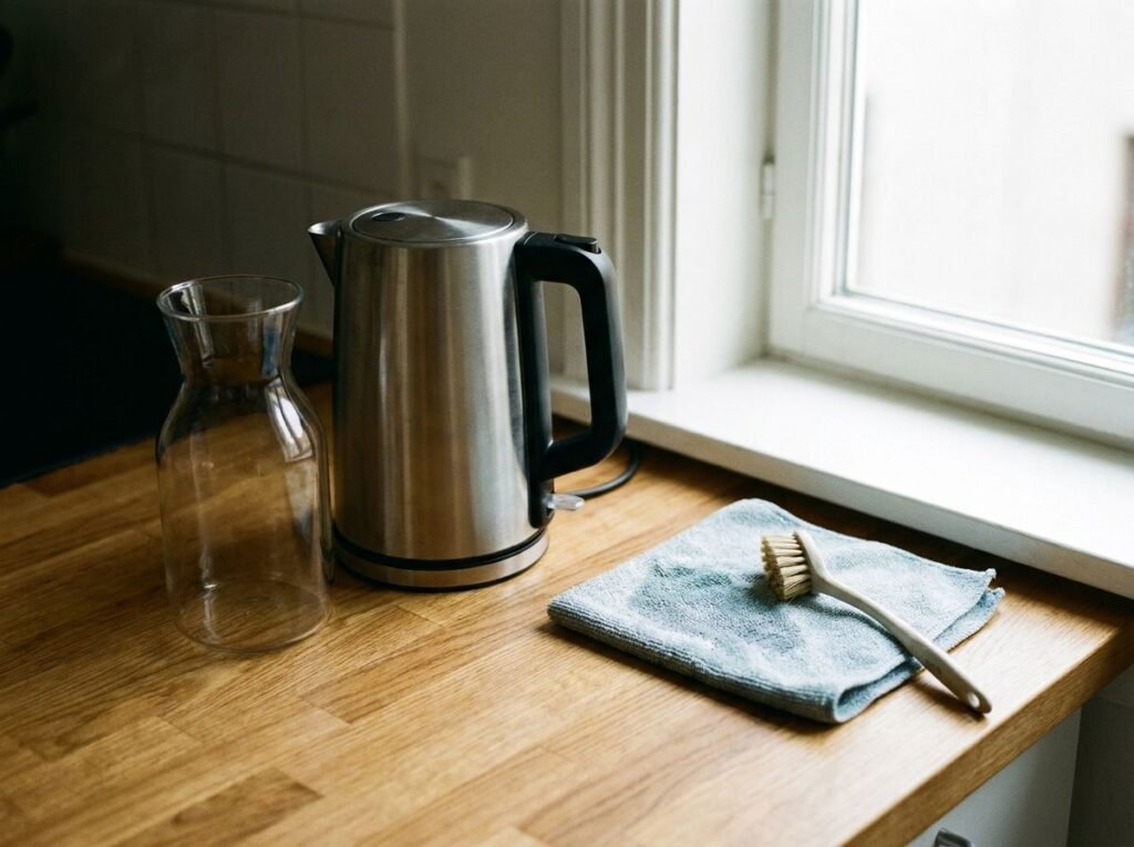 Clean minimalist kitchen setup with white countertops, a modern electric kettle, and a hand wiping down the surface to show daily maintenance.