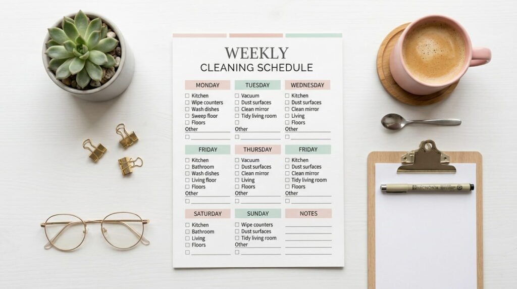 Top view of a printed weekly cleaning schedule checklist on a desk with stationery, showing a structured home cleaning planner for busy families.