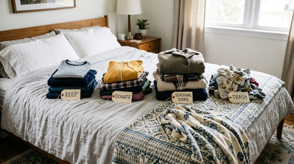 Clothes sorted into keep, donate, seasonal store, and trash piles on a bed