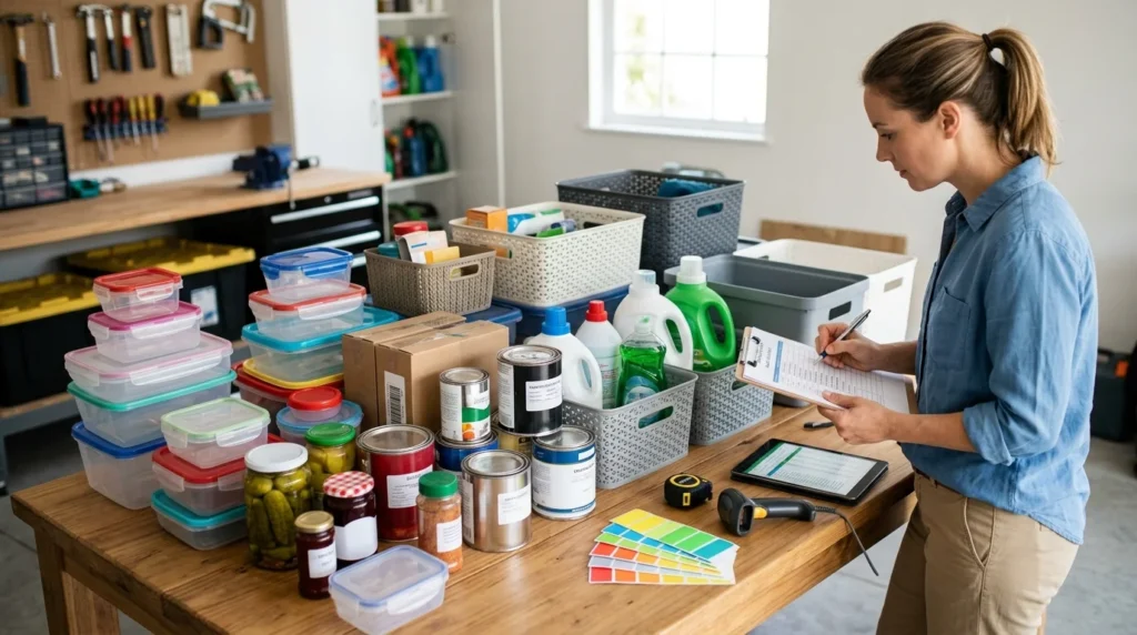 Collection of household containers gathered for a home audit
