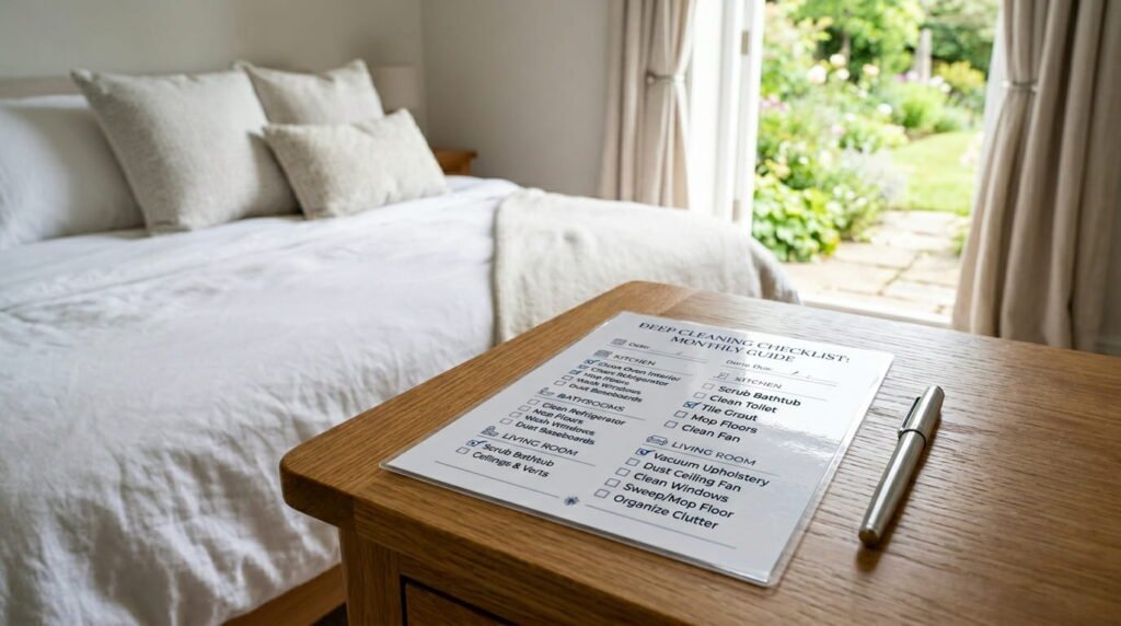 A detailed close-up of a laminated "Monthly Deep Cleaning Checklist" with checkmarks in blue ink, resting on a clean wooden table next to a silver pen, with a blurry background of a clean bedroom and garden window.