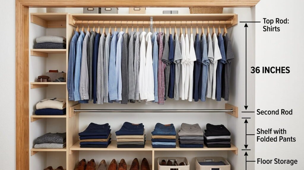 Double hanging closet rod system doubling hanging space in a small closet