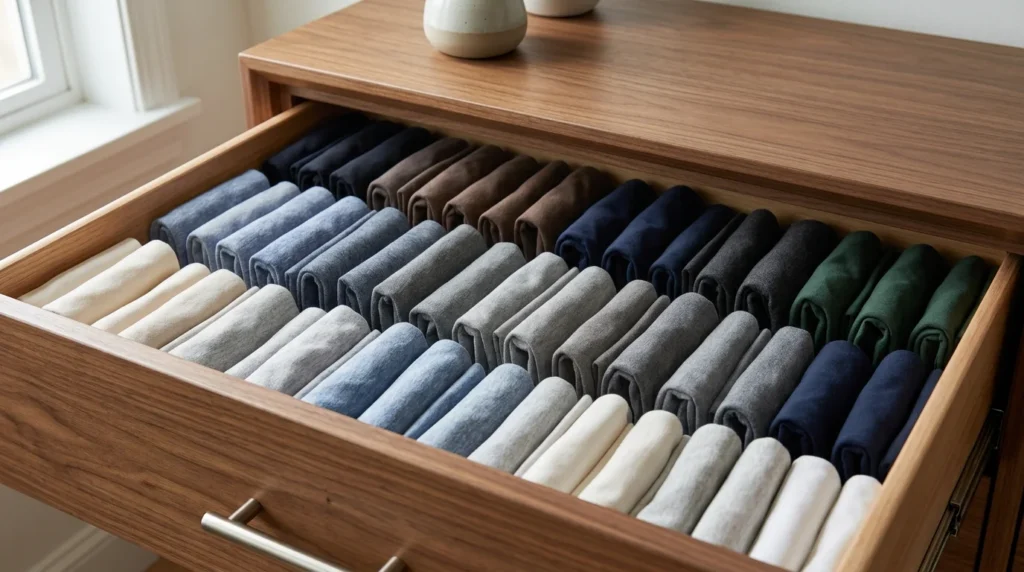 Dresser drawer with clothes file-folded to stand upright