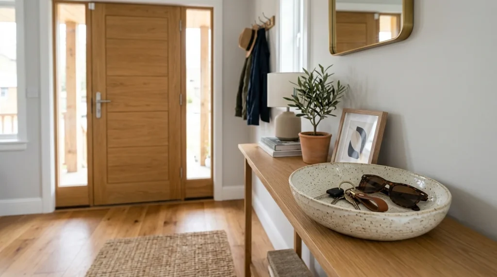 Entryway bowl holding keys and sunglasses by the front door
