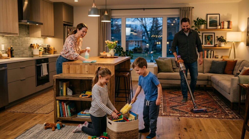 A family working together to clean a modern home, with parents vacuuming and wiping surfaces while children tidy toys, showing teamwork in weekly cleaning routine.