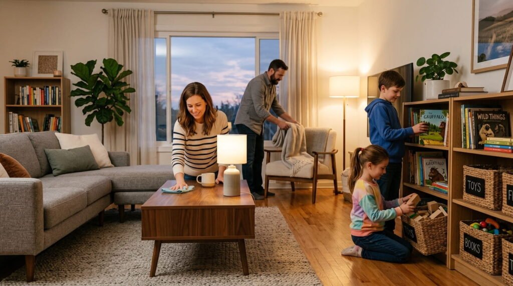Family members working together to tidy the living room during a quick evening home reset routine.