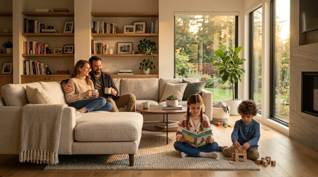 Relaxed family enjoying a clean, peaceful, and organized living room after completing household routines.