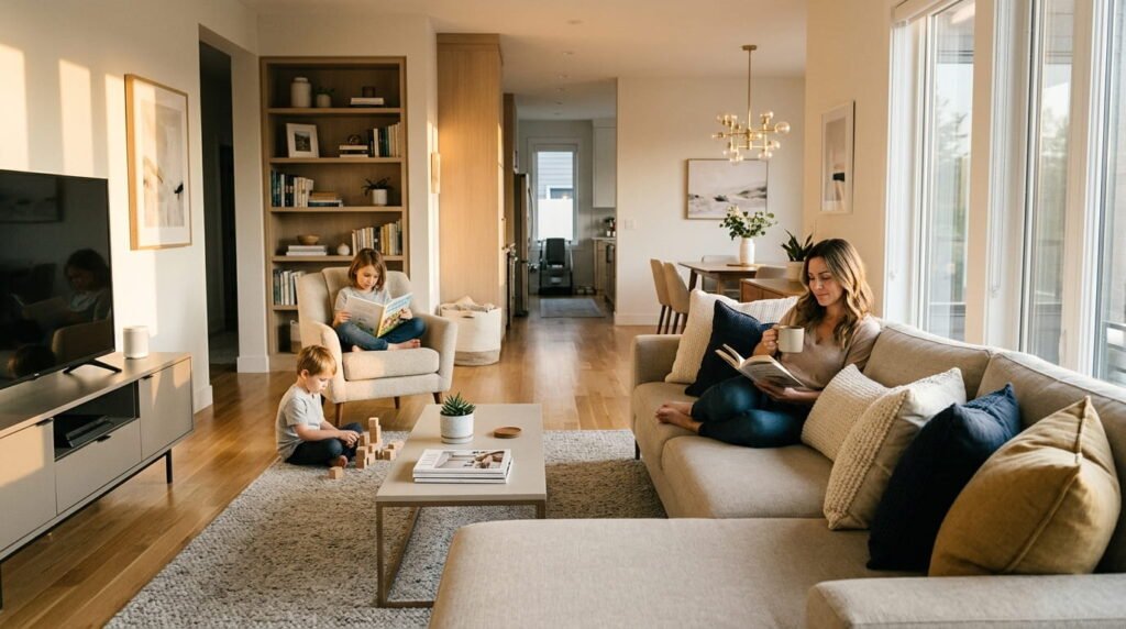 Clean and clutter-free family living room with parents relaxing and children enjoying a calm, organized home environment.