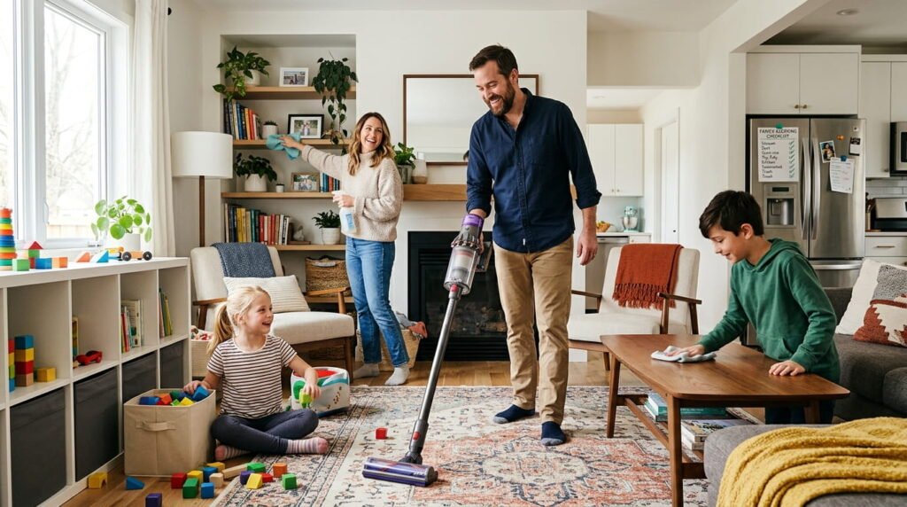 Family members working together on household cleaning tasks in a bright and organized living room.