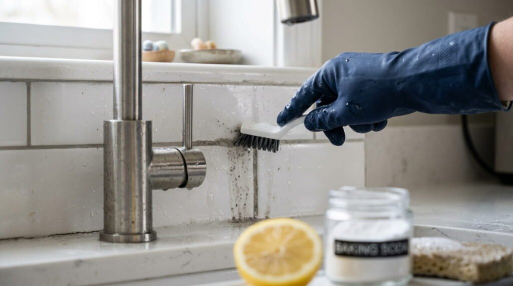 A close-up photograph of a gloved hand using a white grout brush to scrub the gray grout lines between white subway tiles behind a kitchen faucet.