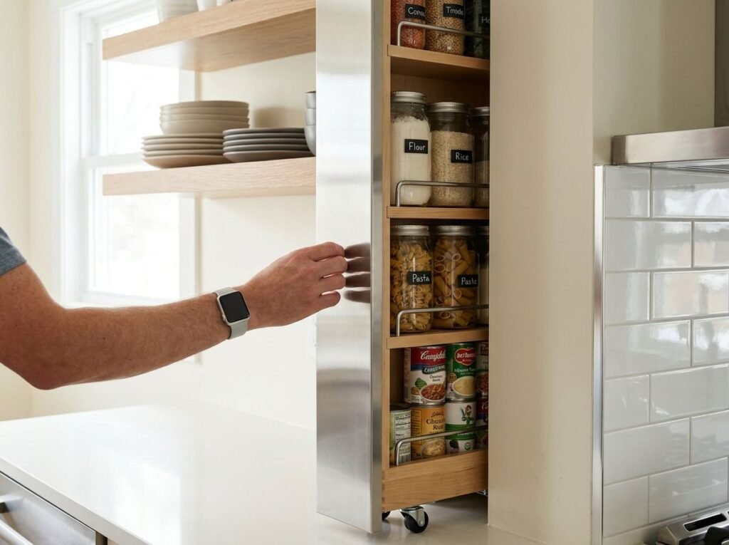 Tiny kitchen makeover ideas highlighting vertical space with a slim pull-out pantry tower on wheels and organized open wooden shelves.