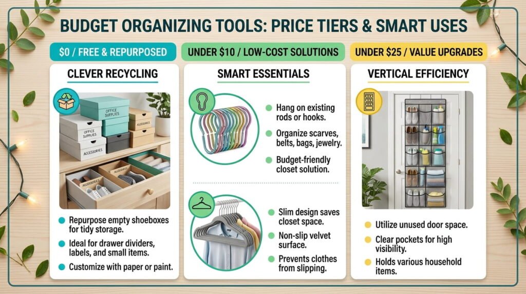 Infographic of budget closet organization upgrades by price tier
