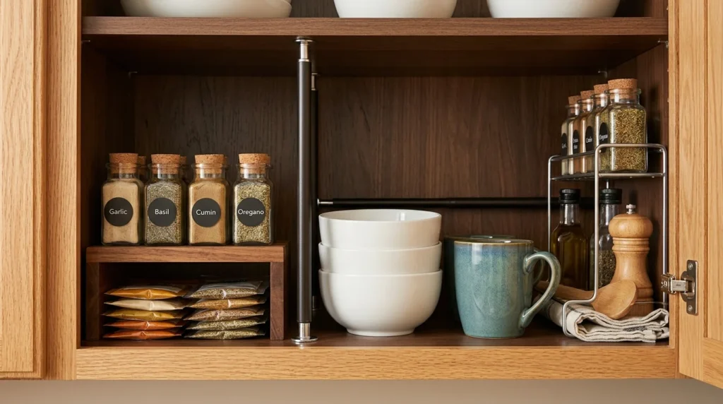 Kitchen cabinet organized with jars and a tension rod divider