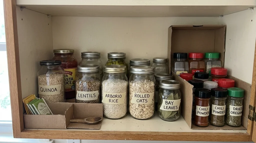 Kitchen shelf organized with reused glass jars and shoebox dividers
