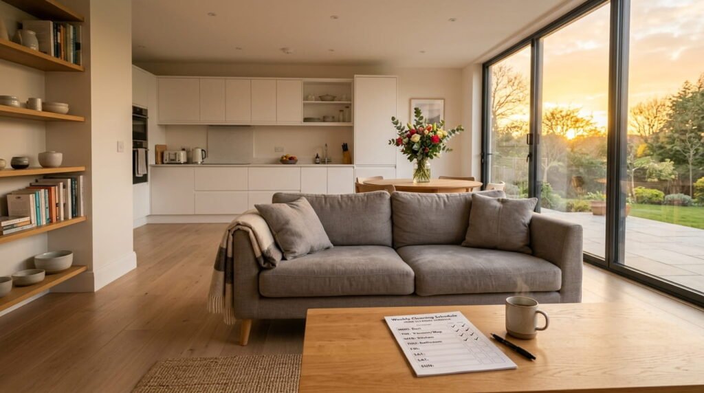 A clean and peaceful modern living room after cleaning with a weekly cleaning schedule placed on a table, symbolizing completion and organized home routine success.