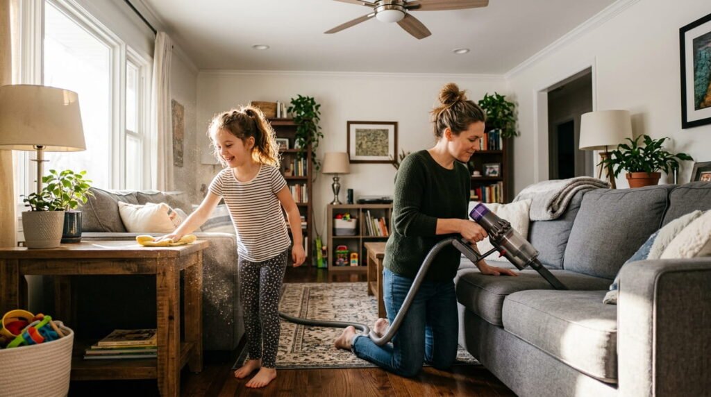 A candid photograph of a mother using a vacuum attachment on a sofa and her daughter dusting a side table, illustrating a busy family deep cleaning their living room together.