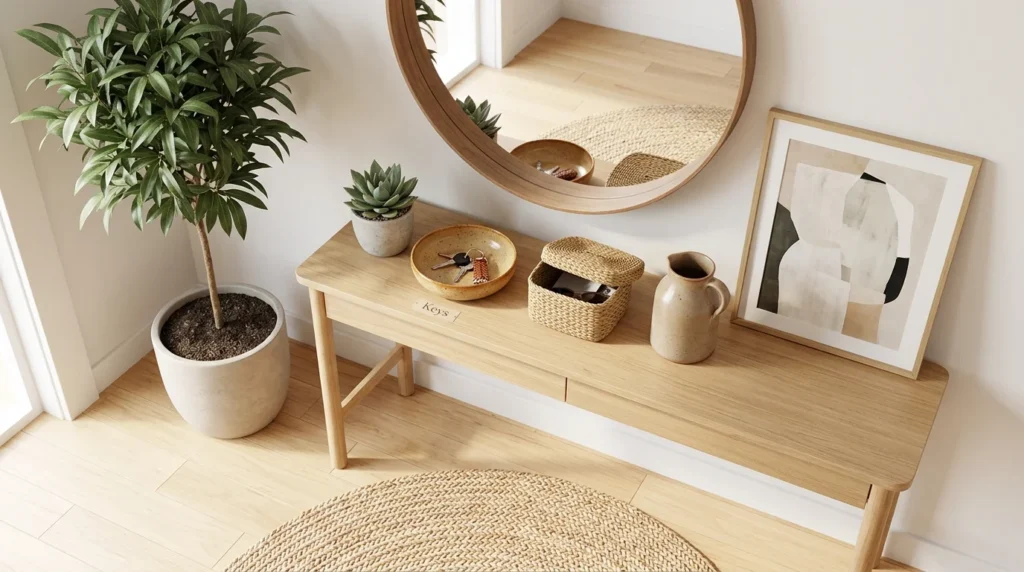 Organized entryway with a basket and bowl for keys