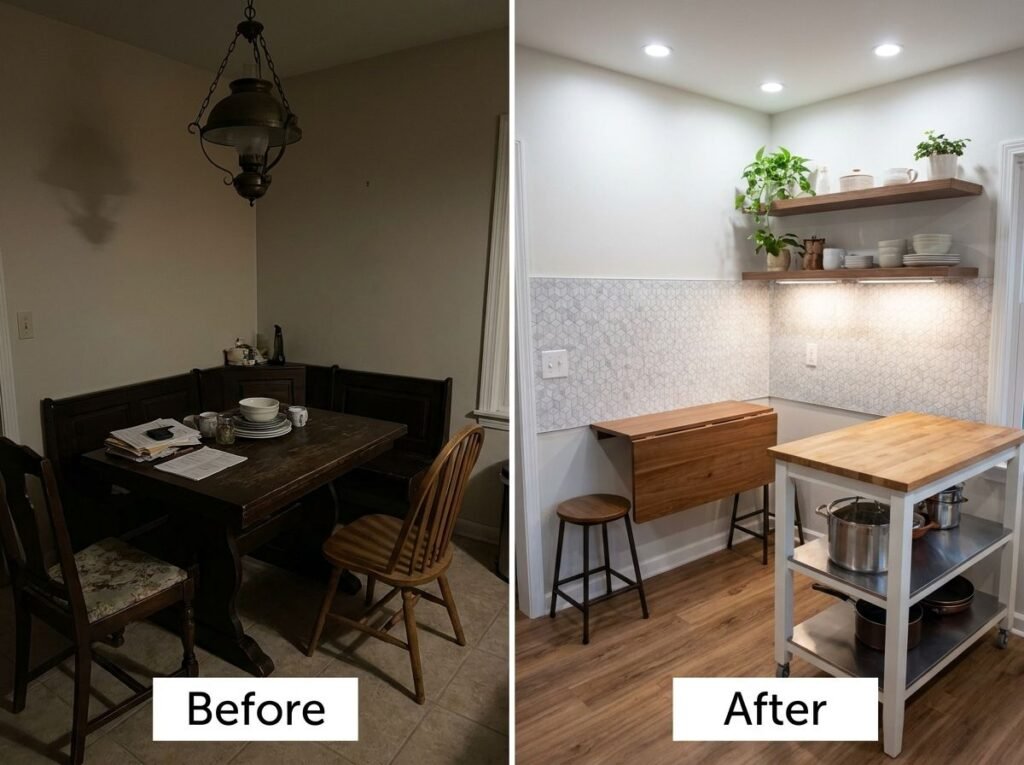 Before and after tiny kitchen makeover gallery displaying a dark cramped kitchen transformed into a bright space with a wall-mounted drop-leaf table.