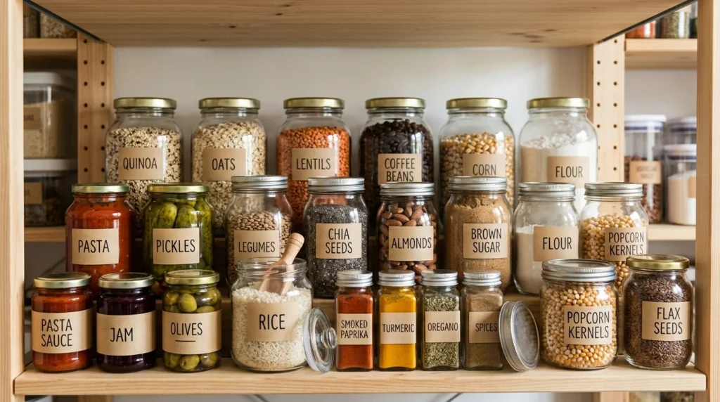 Pantry shelf organized with reused glass jars.
