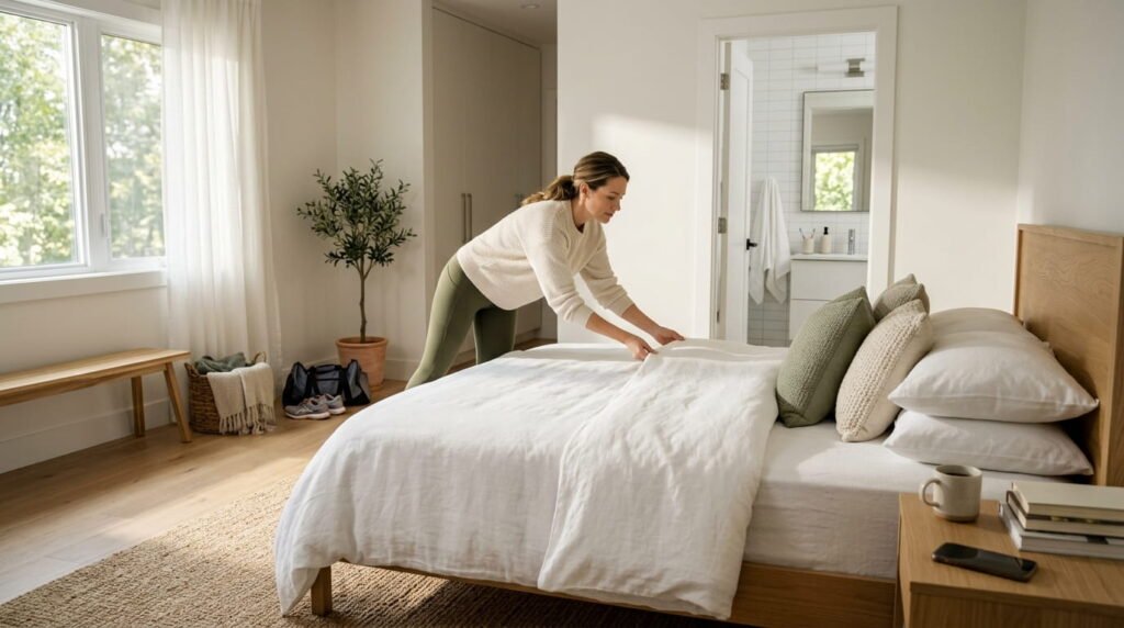 Parent making a neatly arranged bed in a bright bedroom as part of a simple daily morning cleaning routine.
